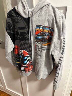 NASCAR Mens Graphic Zip Up Hoodie Gray Racing Patchwork Sweatshirt XL